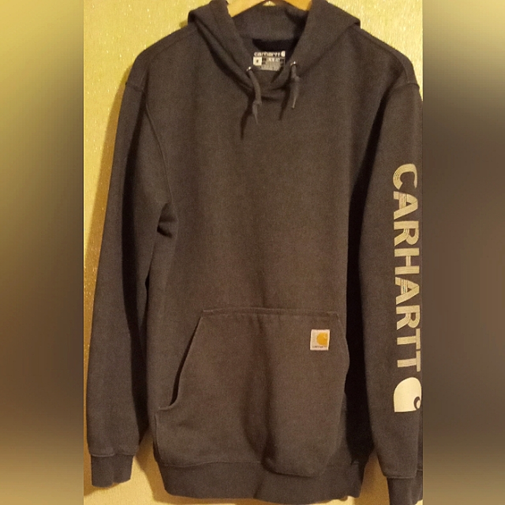 CARHARTT MEN'S MEDIUM LOOSE FIT GRAY HOODED LOGO SLEEVE SWEATSHIRT.
